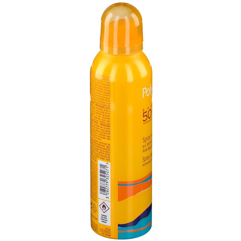 Gelbe Sprühflasche mit Text. Rückseite mit Text. Oben gelber Sprühkopf. Unten farbige Streifen.