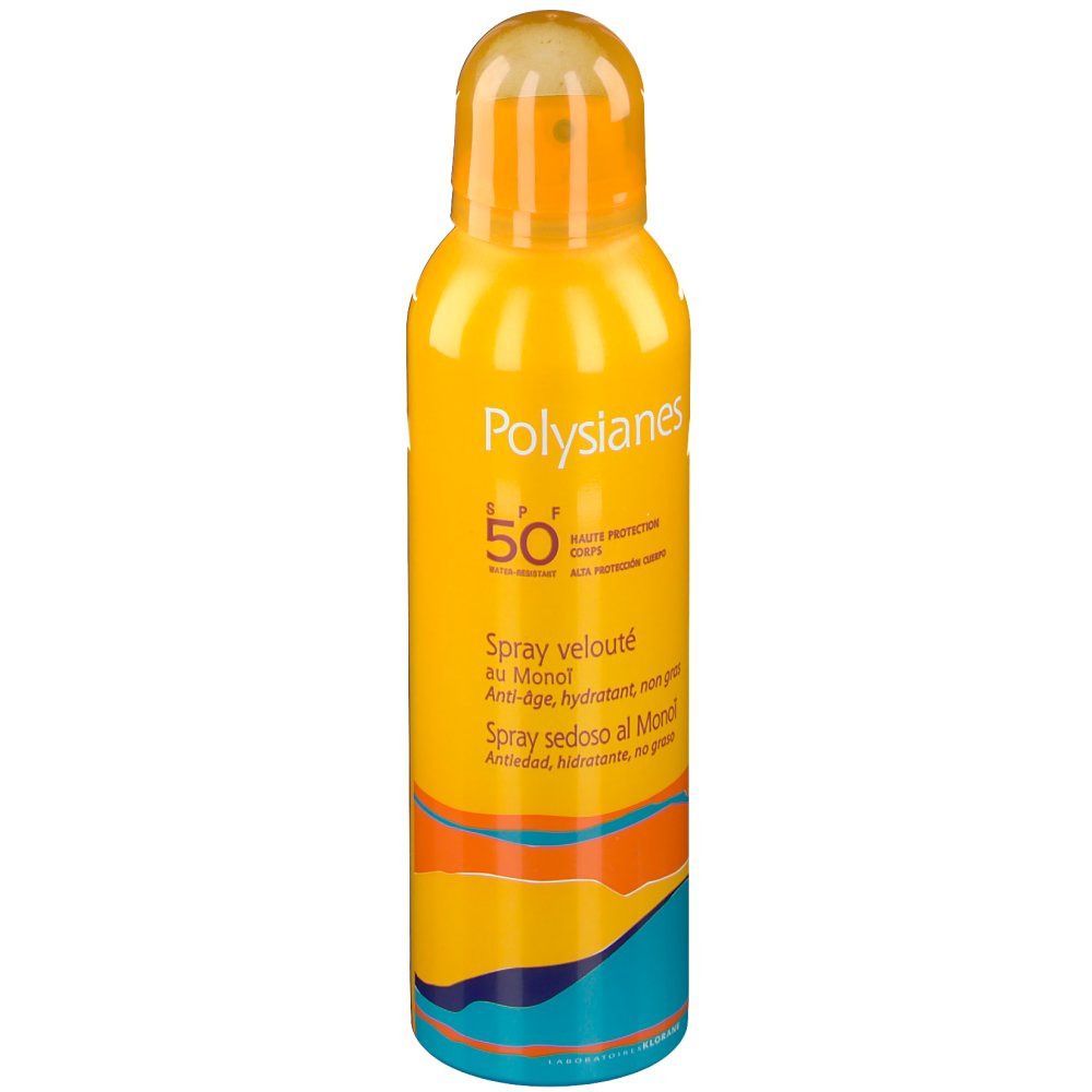 Gelbe Sprühflasche mit Aufschrift Polysianes, SPF 50. Text: Spray velouté au Monoï. Farbige Streifen am unteren Ende.