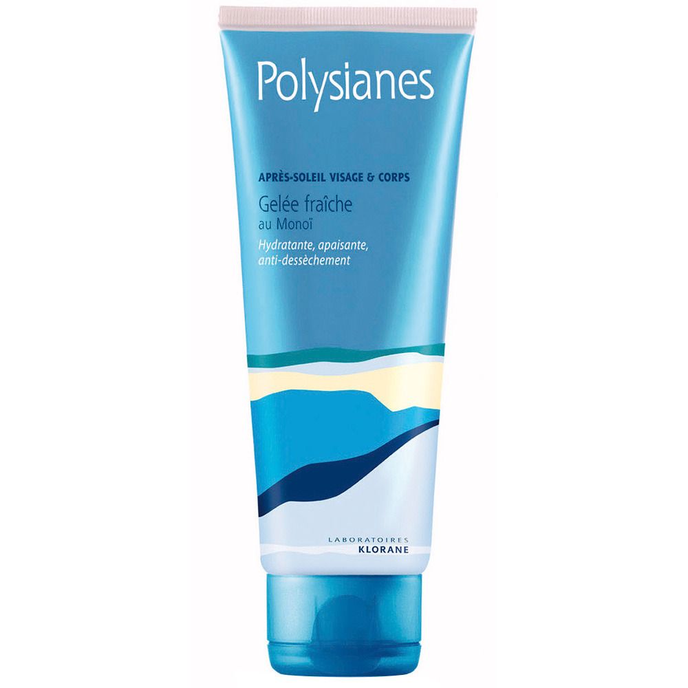 Blau-weiße Tube mit Produktaufschrift Polysianes. Text: Après-Soleil Visage & Corps, Gelée fraîche au Monoi. Marke: Klorane.