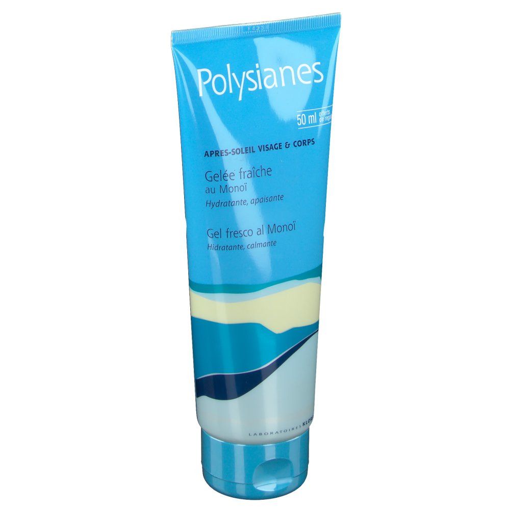 Blaue Tube mit Produktaufschrift Polysianes. Text: Après-Soleil Visage & Corps, Gelée fraîche au Monoi. Marke: Klorane. 50 ml.