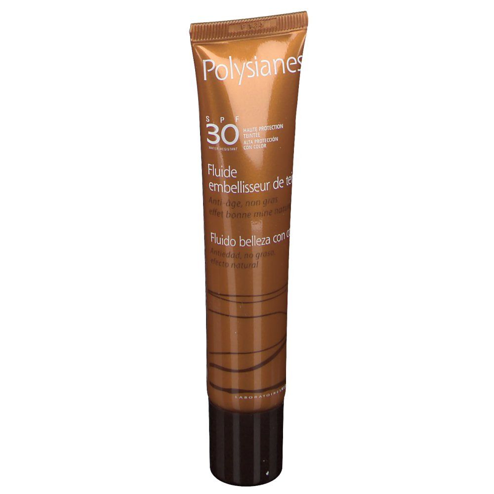 Bräunliche Tube mit Aufschrift Polysianes, SPF 30. Flüssigkeit für einen schönen Teint.
