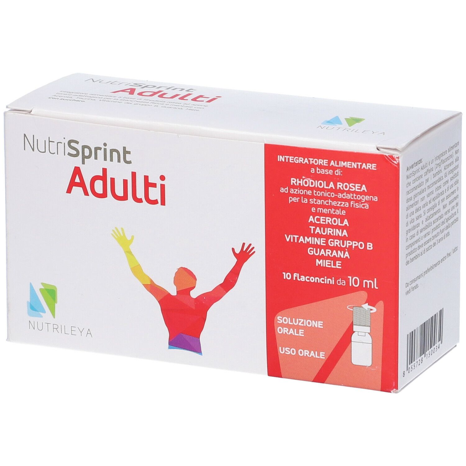 Schachtel Nutrisprint Adulti. Aufdruck mit Inhaltsstoffen und Abbildung einer Person mit erhobenen Armen.