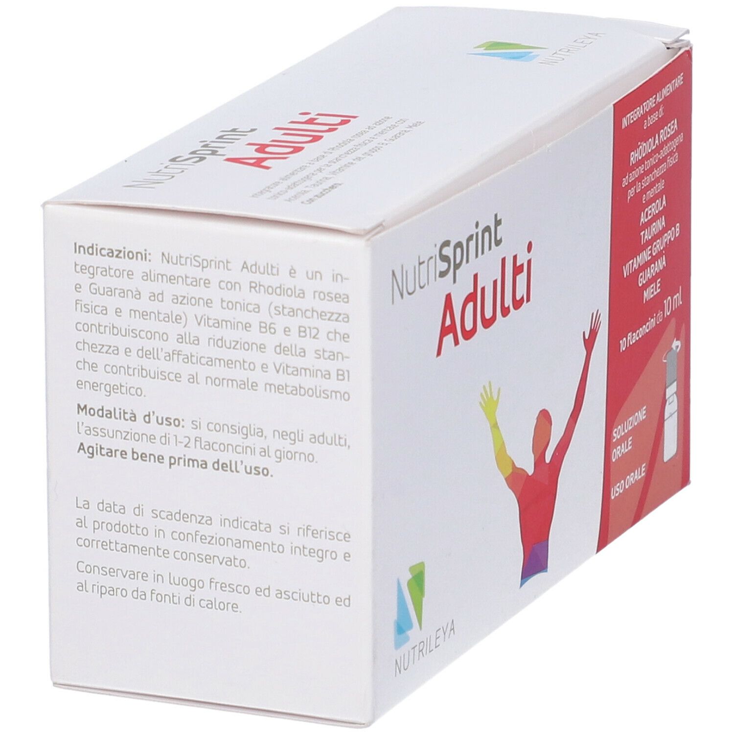 Schachtel Nutrisprint Adulti. Text mit Inhaltsstoffen und Anwendungshinweisen. Marke Nutrileya.
