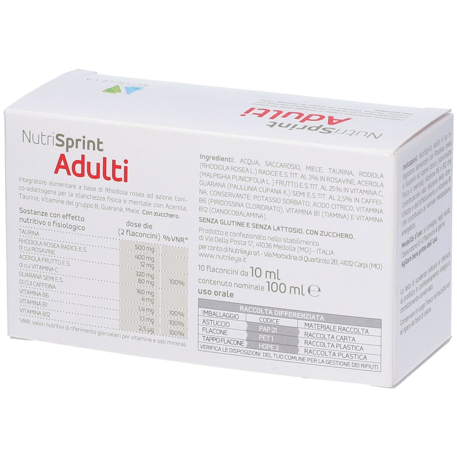 Schachtel Nutrisprint Adulti. Auflistung der Inhaltsstoffe und Nährwertangaben. Marke Nutrileya.