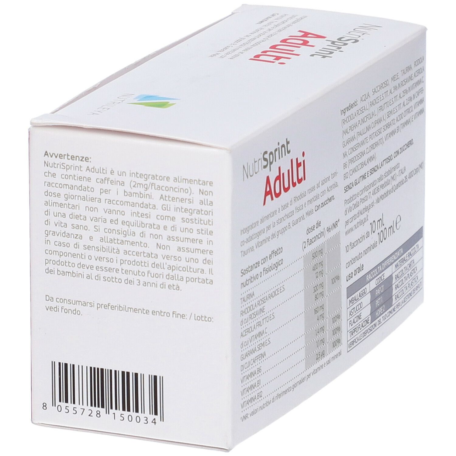 Schachtel Nutrisprint Adulti. Warnhinweise und Inhaltsstoffe. Marke Nutrileya.