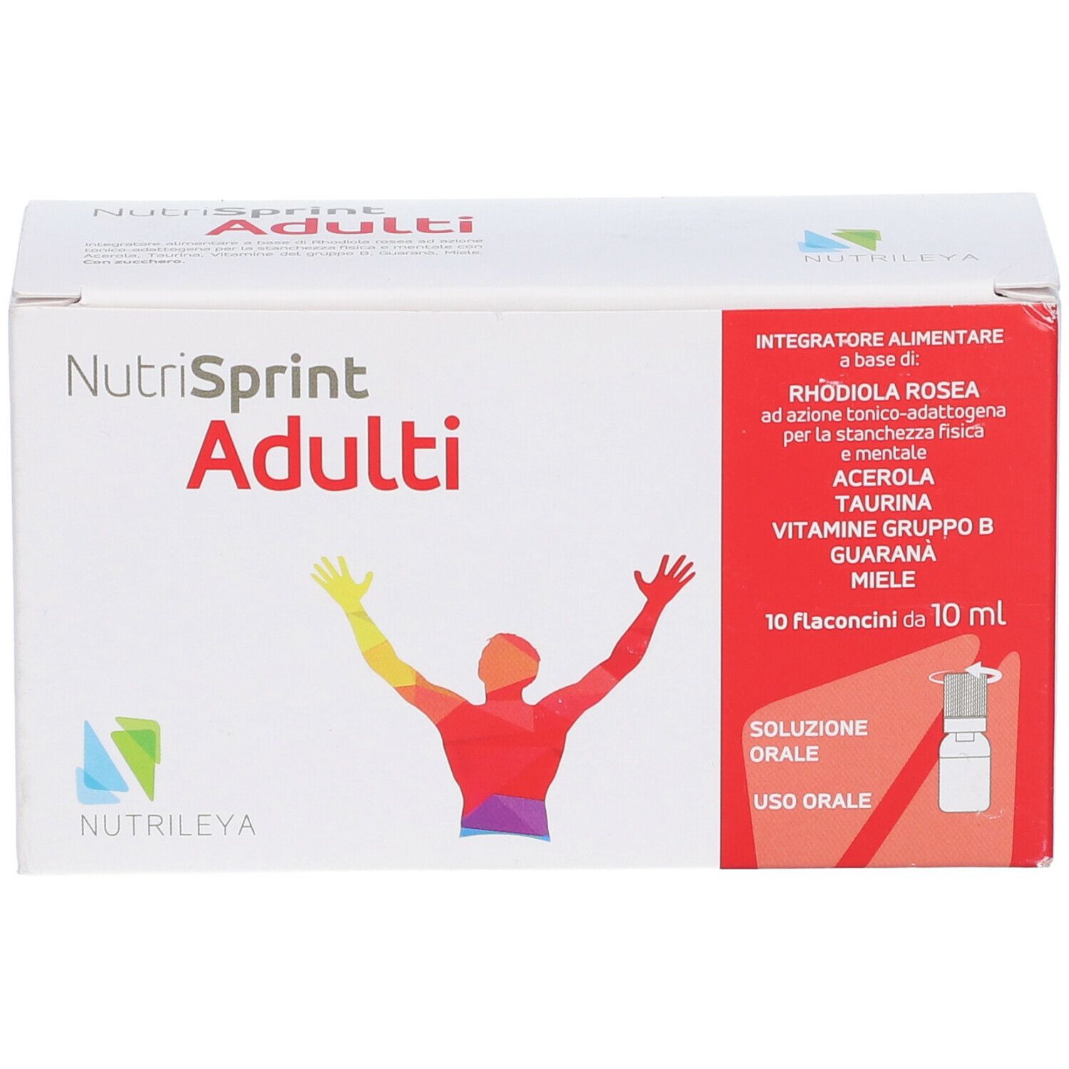 Schachtel Nutrisprint Adulti. Aufdruck mit Inhaltsstoffen und Abbildung einer Person mit erhobenen Armen.