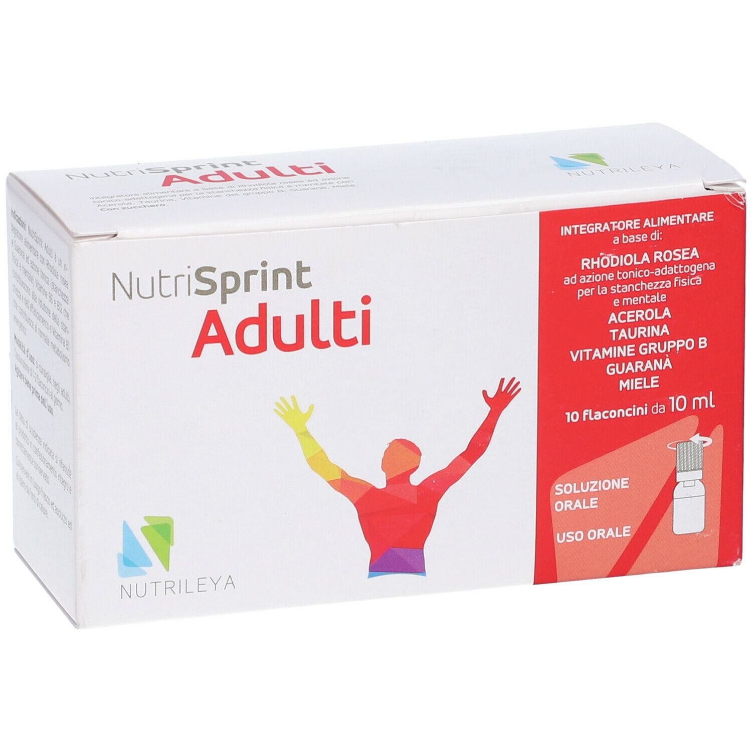 Schachtel Nutrisprint Adulti. Aufdruck mit Inhaltsstoffen und Abbildung einer Person mit erhobenen Armen.