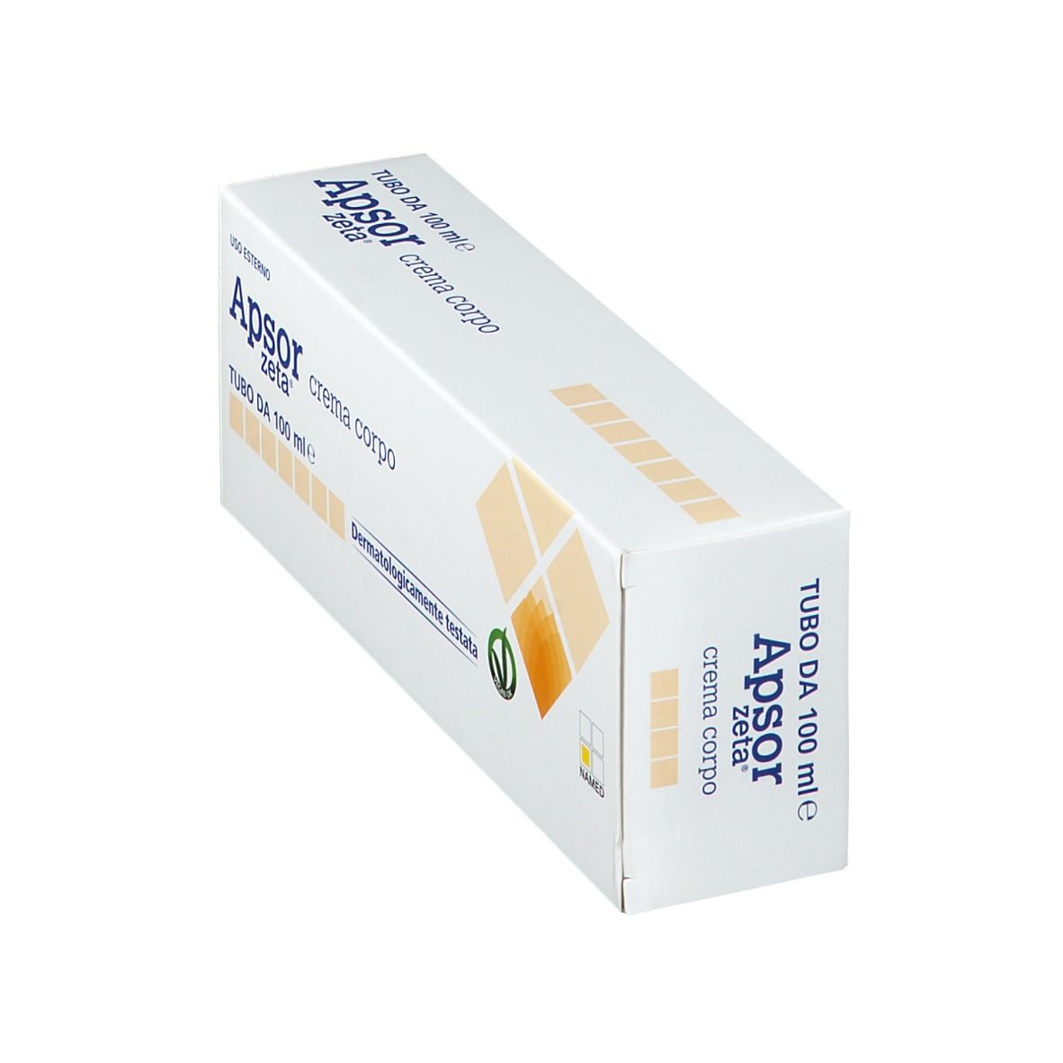 Boîte blanche avec nom et logo du produit. Texte: 'crema corpo', 'Dermatologicamente testata'.