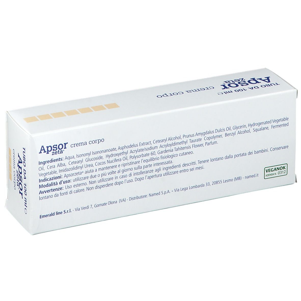 Boîte blanche avec nom du produit et ingrédients. Texte: 'crema corpo', 'VeganOK'.