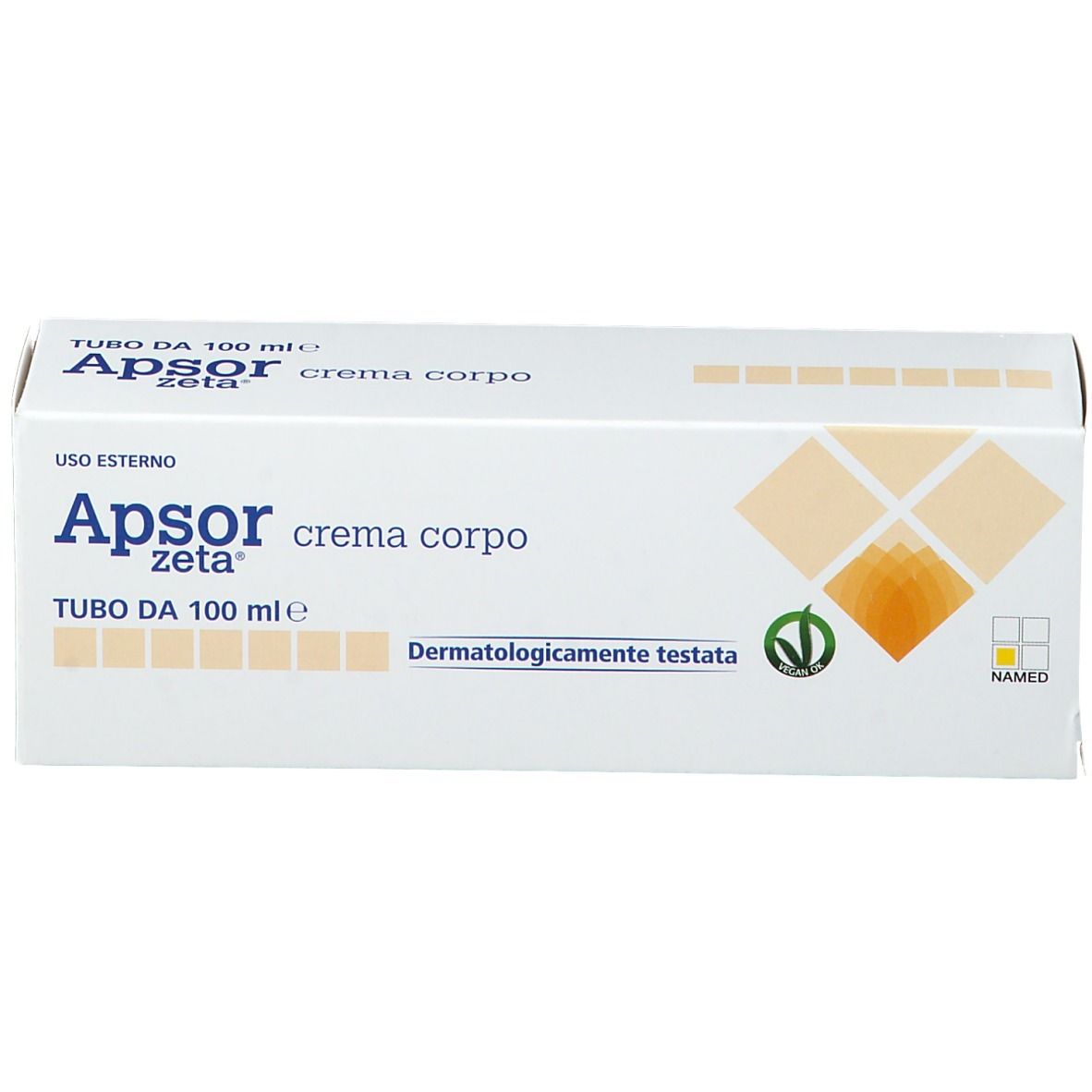 Boîte blanche avec nom et logo du produit. Texte: 'crema corpo', 'Dermatologicamente testata'.