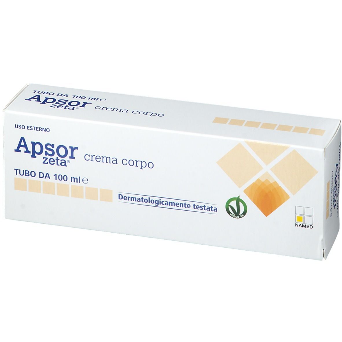 Boîte blanche avec nom et logo du produit. Texte: 'crema corpo', 'Dermatologicamente testata'.