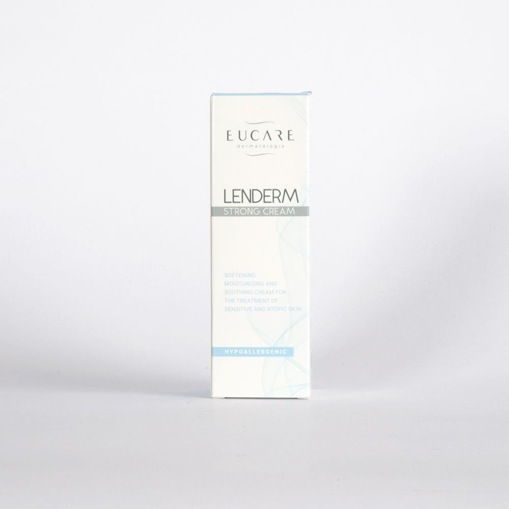 EUCARE Lenderm Strong Cream. Tube blanche, texte bleu. Inscription: « Lenderm Strong Cream ». Hypoallergénique.