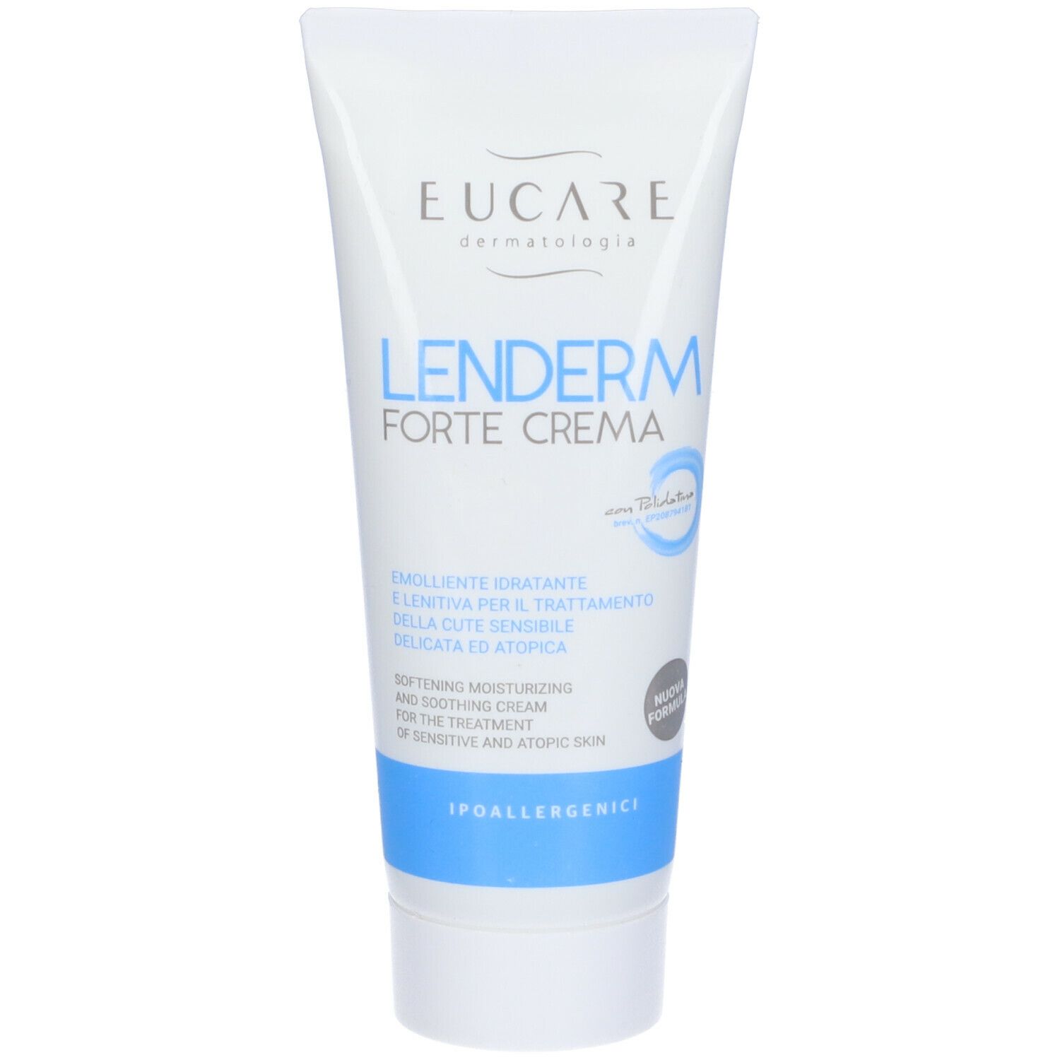 EUCARE Lenderm Forte Cream. Tube blanc, texte bleu. Inscription: « Lenderm Forte Cream ». Pour peaux sensibles. Hypoallergénique.