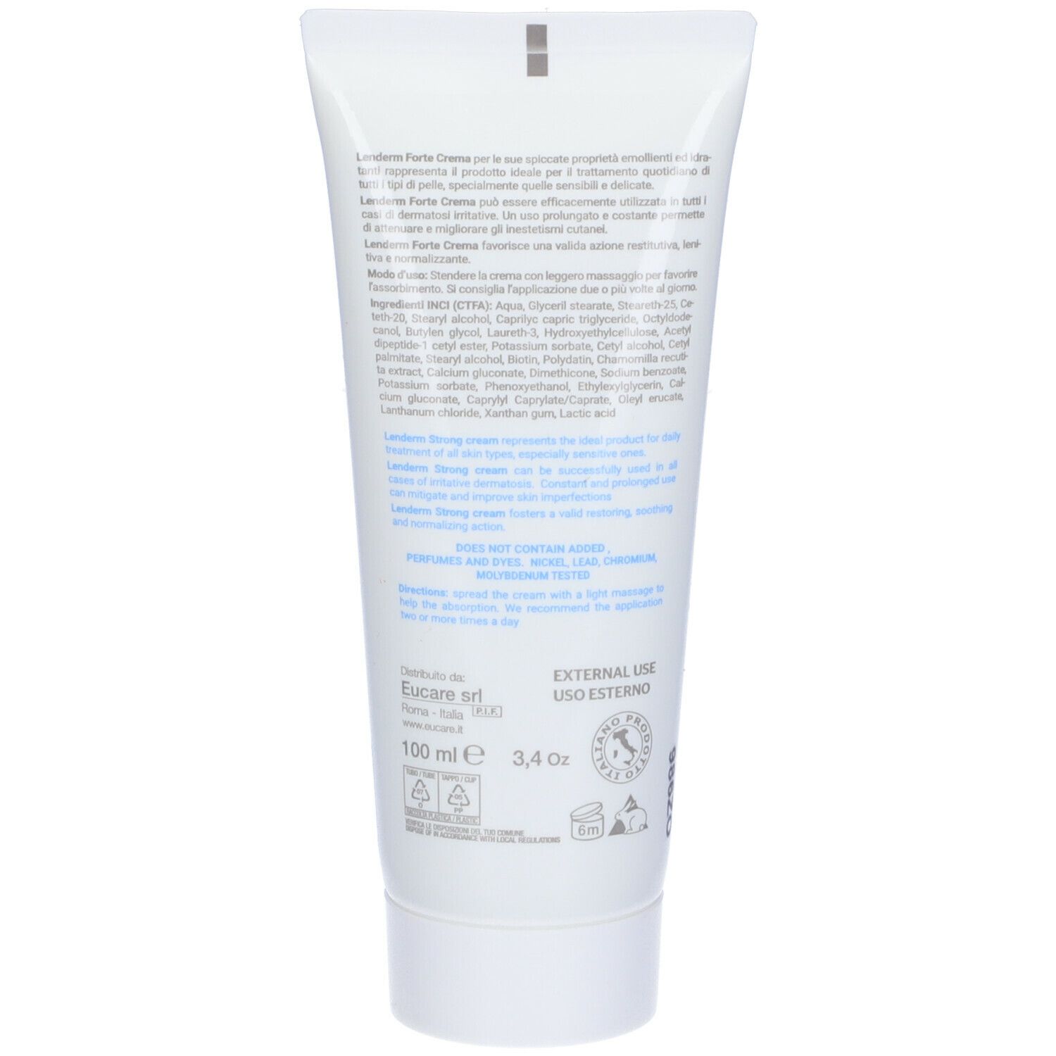 Dos du tube EUCARE Lenderm Forte Cream. Texte et ingrédients. 100 ml. Usage externe.