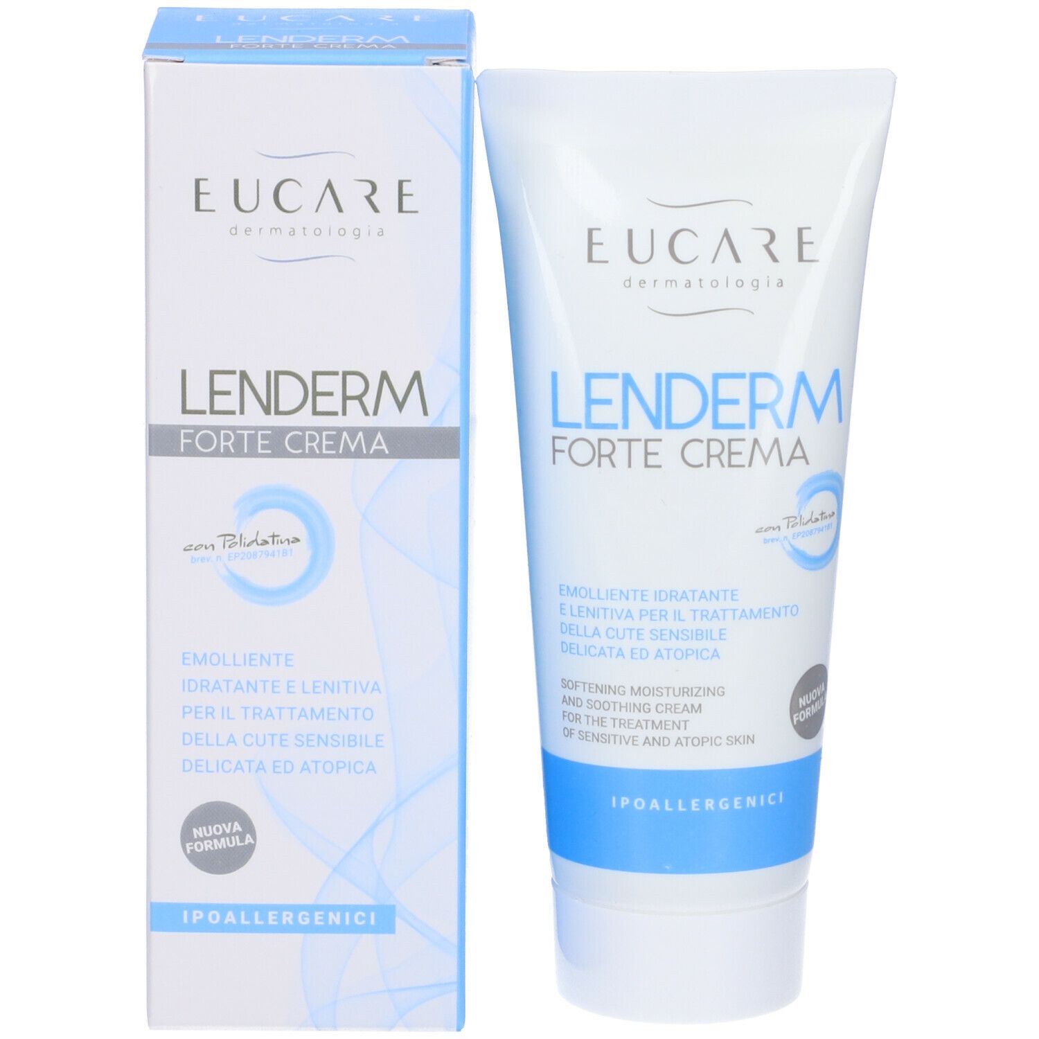 EUCARE Lenderm Forte Cream. Tube et boîte. Texte: « Lenderm Forte Cream ». Pour peaux sensibles. Hypoallergénique.