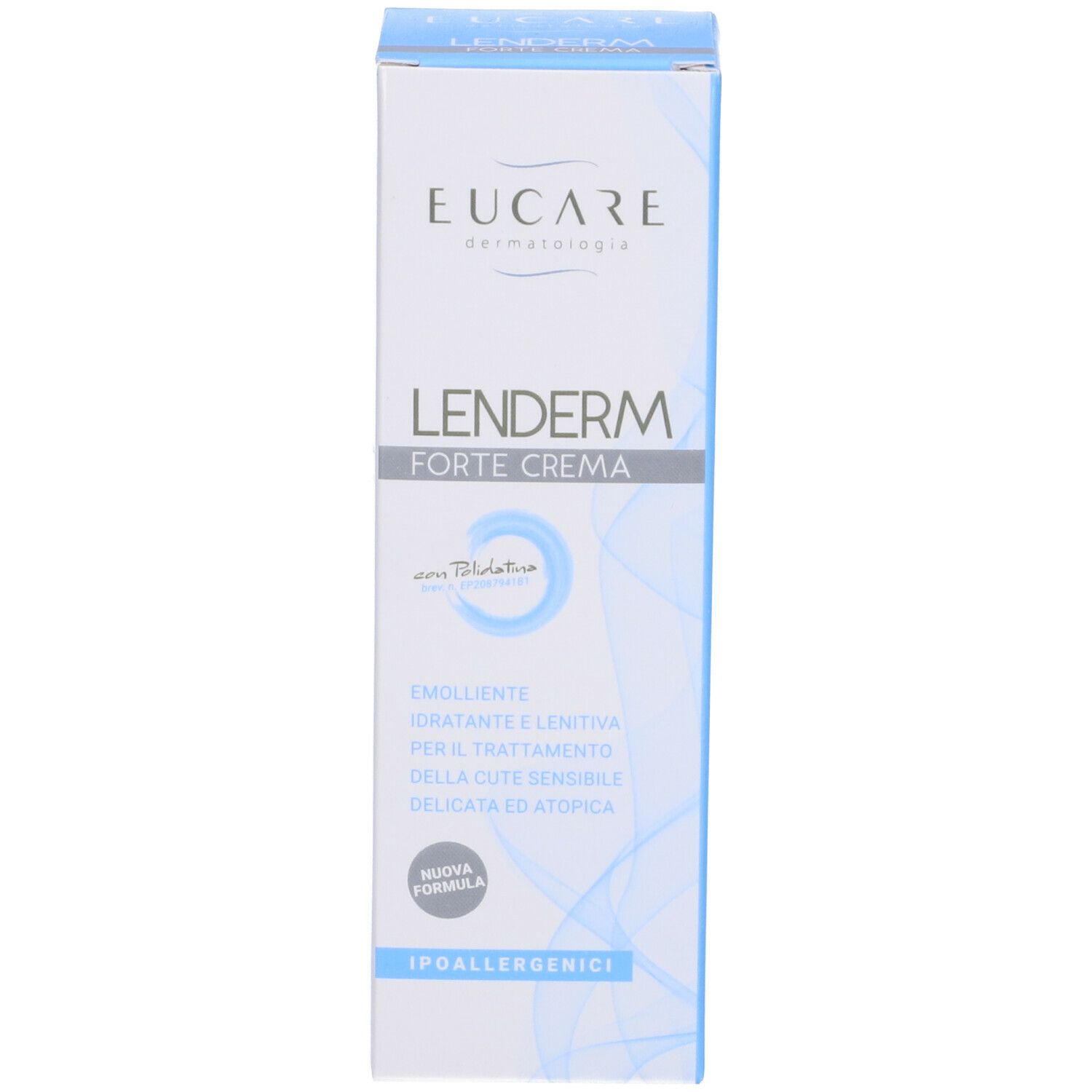 EUCARE Lenderm Forte Cream. Boîte. Texte: « Lenderm Forte Cream ». Pour peaux sensibles. Hypoallergénique.