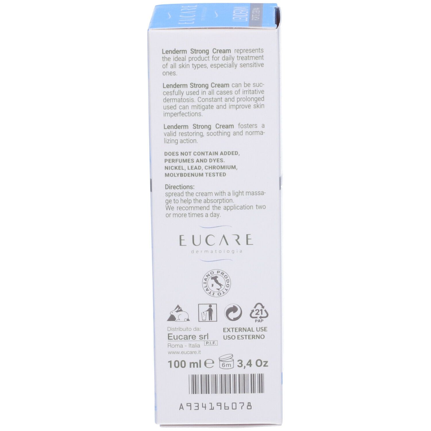 Dos de la boîte EUCARE Lenderm Strong Cream. Texte. 100 ml. Usage externe.