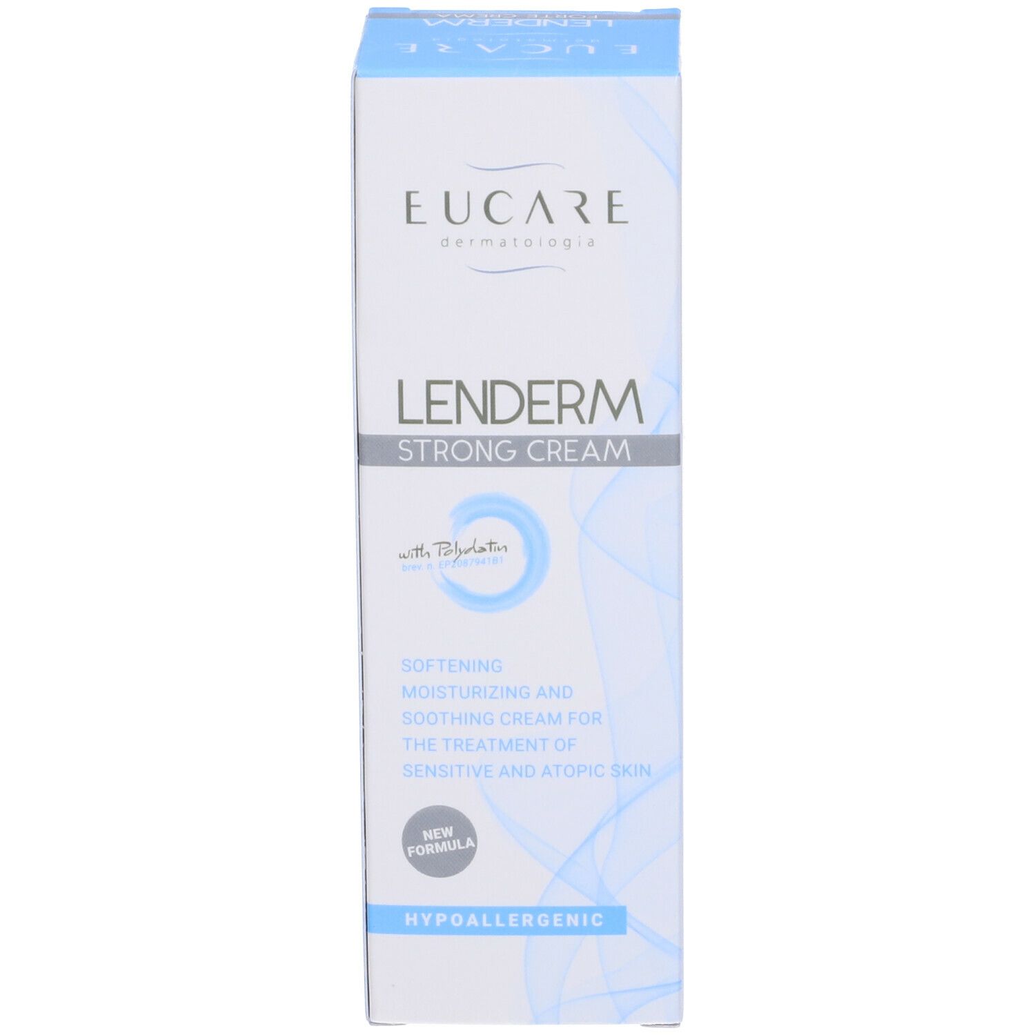 EUCARE Lenderm Strong Cream. Boîte. Texte: « Lenderm Strong Cream ». Pour peaux sensibles. Hypoallergénique.