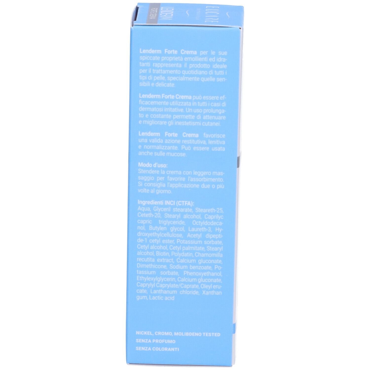 Dos de la boîte EUCARE Lenderm Forte Cream. Texte et ingrédients. Usage externe.