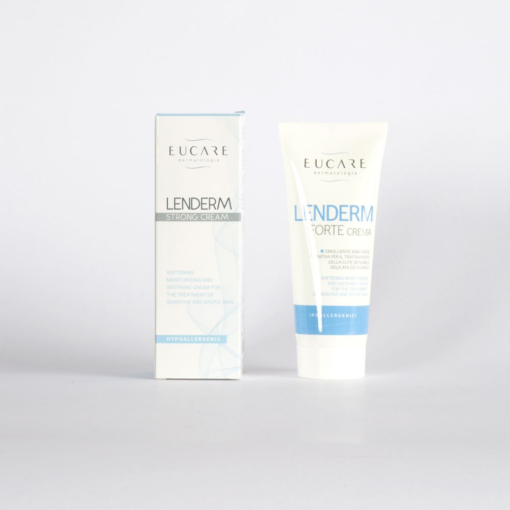 EUCARE Lenderm Forte Cream. Tube et boîte. Texte: « Lenderm Forte Cream ». Pour peaux sensibles. Hypoallergénique.