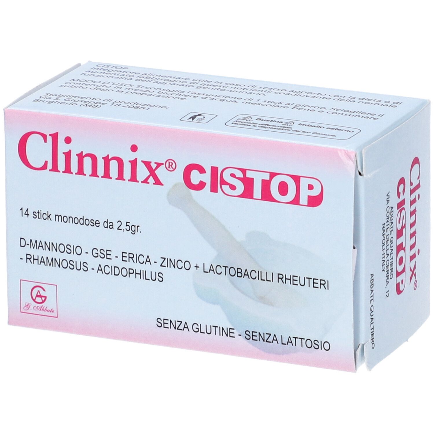 Verpackung mit Produktnamen Clinnix Cistop. Enthält 14 Einzelportionen. Aufschrift: D-Mannose, GSE, Zink, Lactobacilli.
