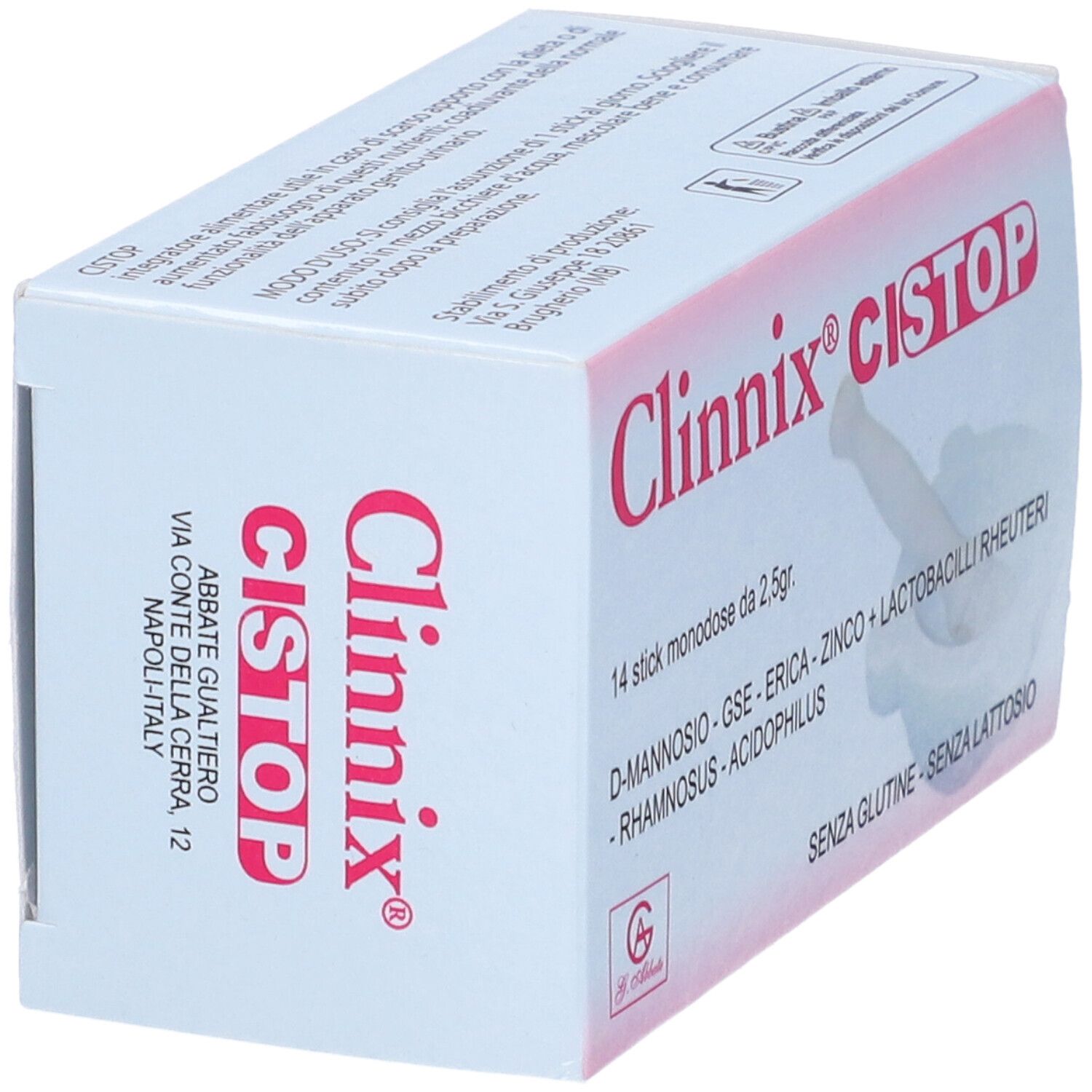 Schrägansicht der Clinnix Cistop Verpackung. Produktname und Inhaltsstoffe deutlich sichtbar. Ohne Gluten und Laktose.