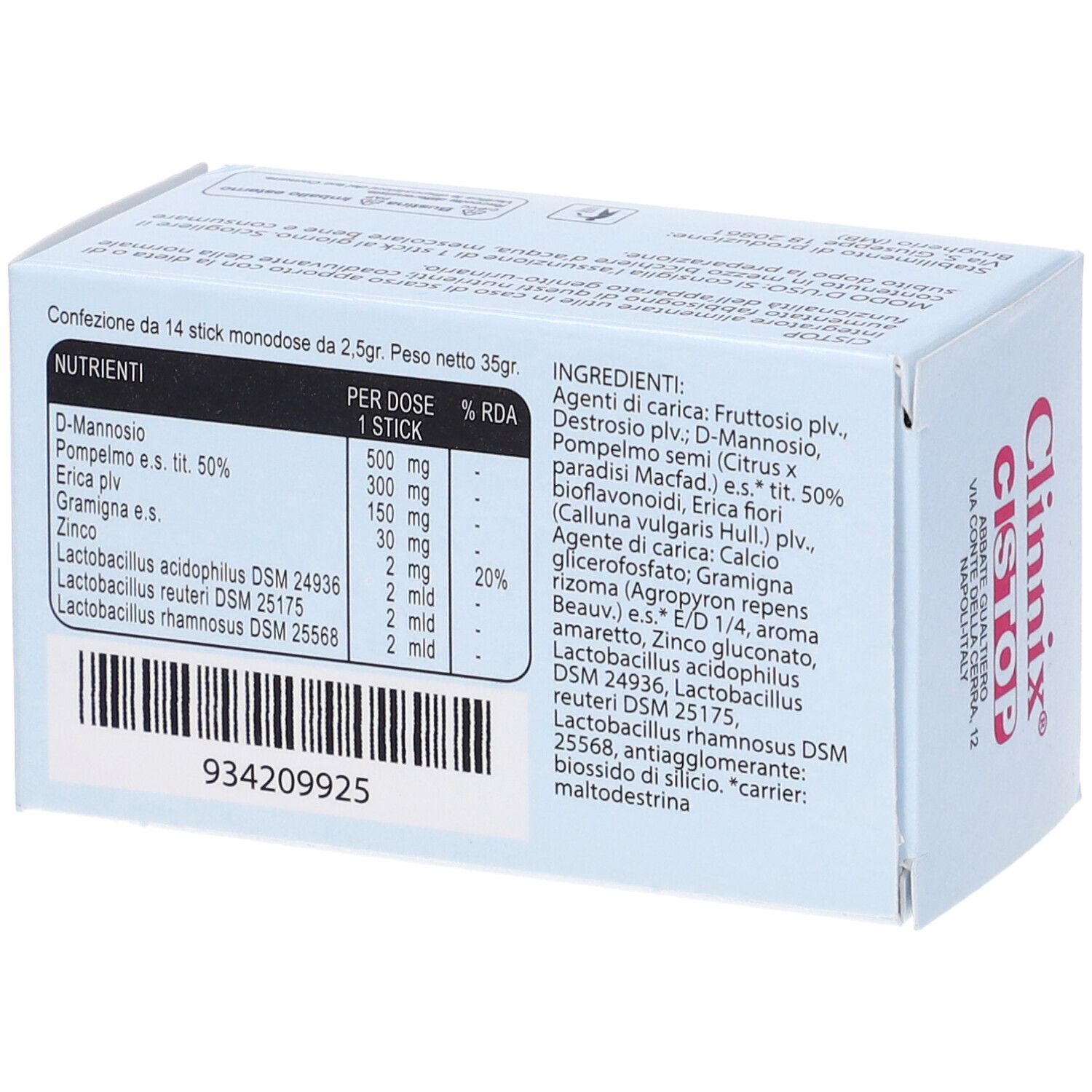 Rückseite der Clinnix Cistop Verpackung. Enthält Nährwertangaben und Zutatenliste. Chargennummer 934209925.