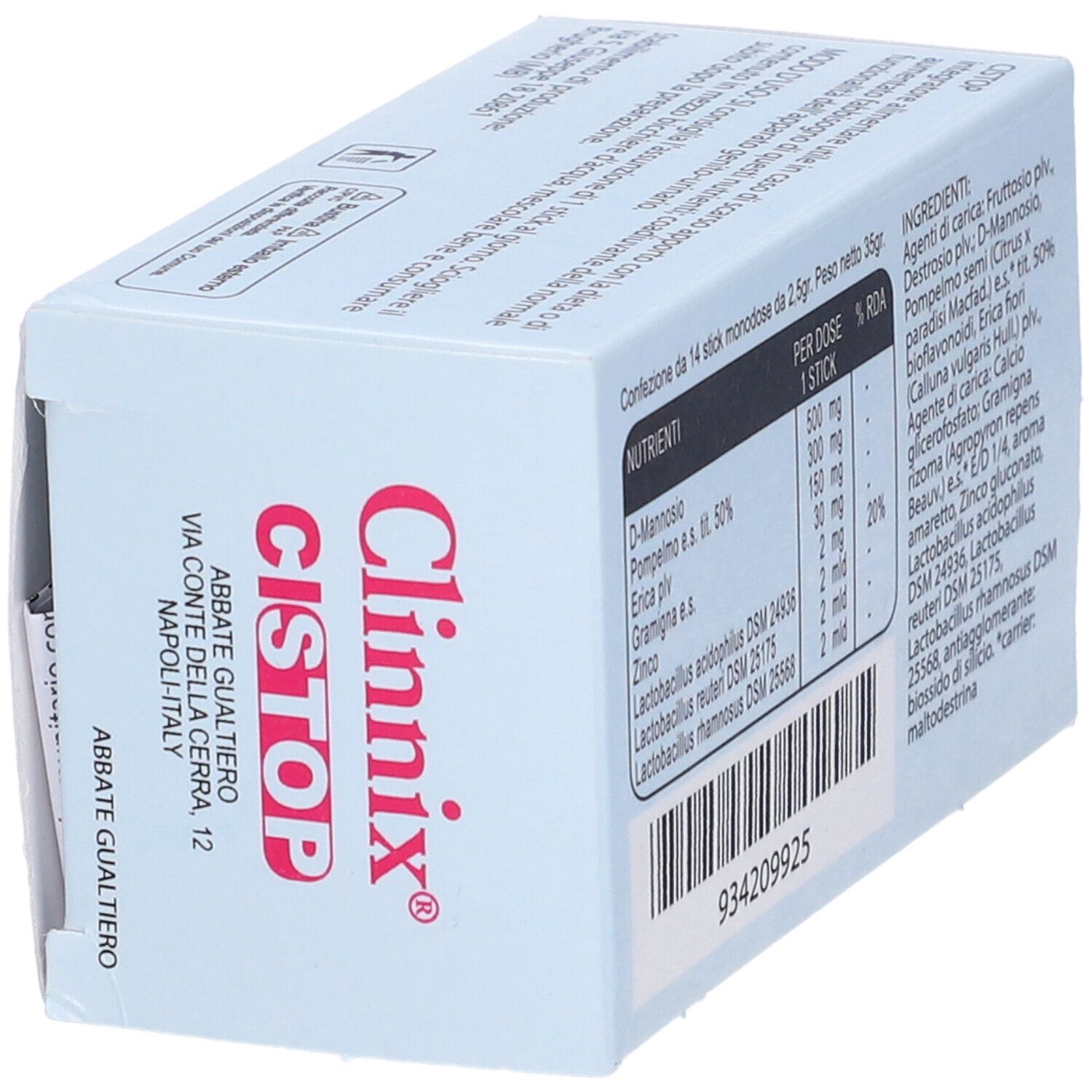 Schrägansicht der Clinnix Cistop Verpackung. Rückseite mit Nährwertangaben und Zutatenliste. Chargennummer.