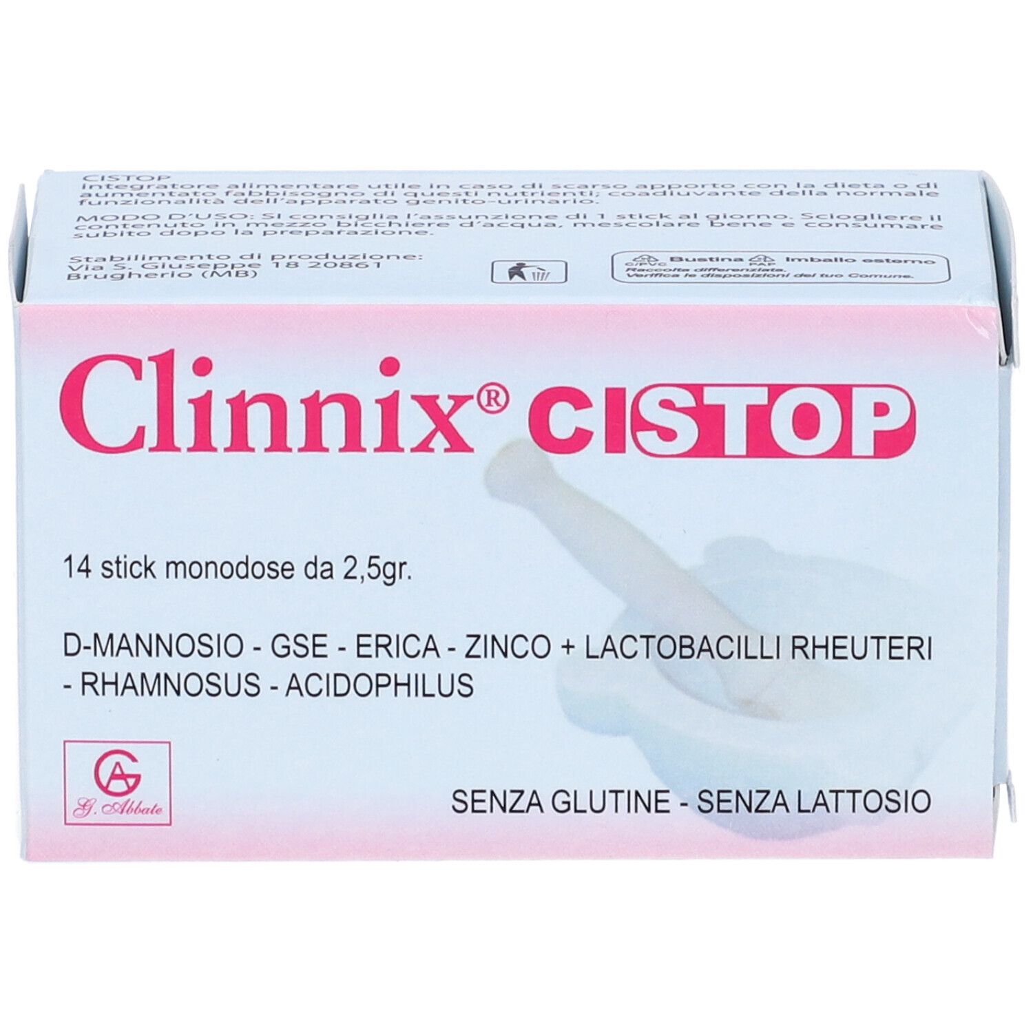Clinnix Cistop Verpackung, 14 Einzelportionen. Aufschrift: D-Mannose, GSE, Zink, Lactobacilli. Ohne Gluten und Laktose.