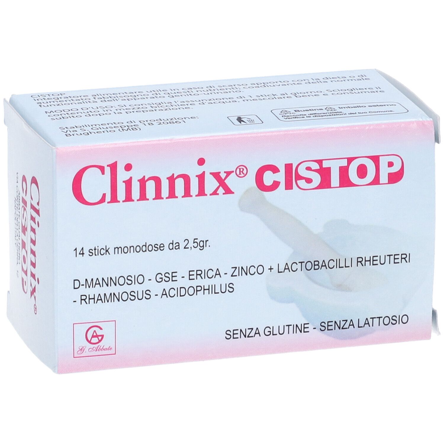 Clinnix Cistop Verpackung, 14 Einzelportionen. Aufschrift: D-Mannose, GSE, Zink, Lactobacilli. Ohne Gluten und Laktose.