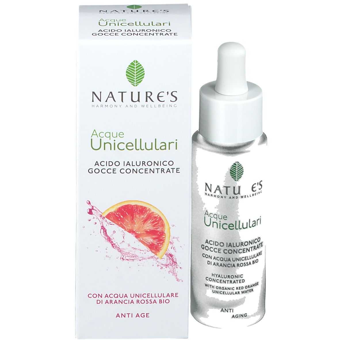 Emballage du produit avec flacon et carton. Inscription : NATURE'S Acque Unicellulari, gouttes concentrées d'acide hyaluronique. Anti-âge. Image d'une orange.