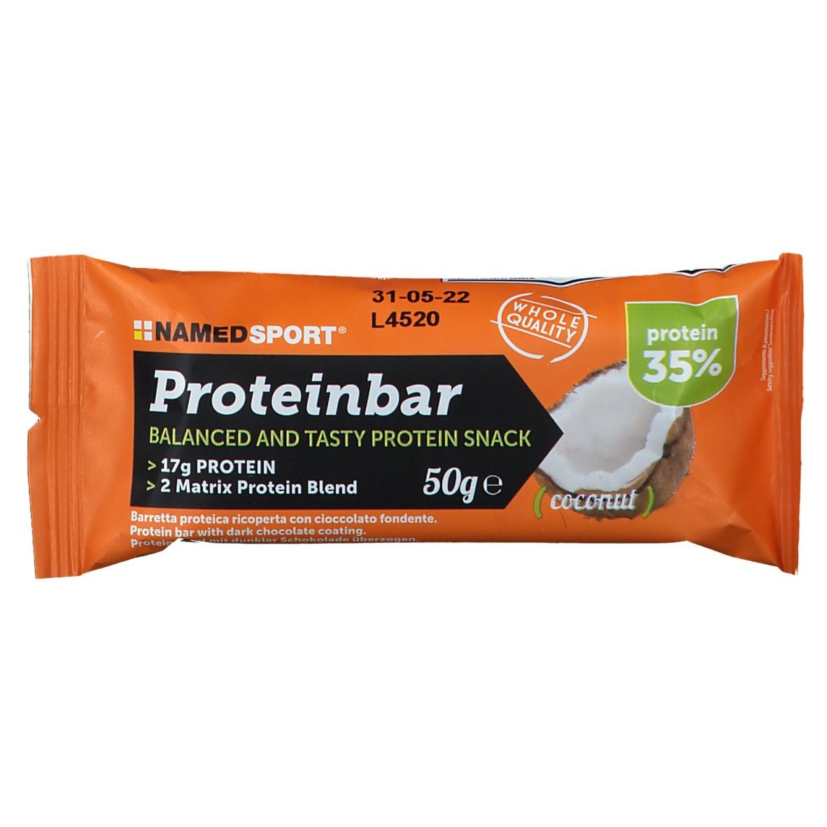 Proteinbar, Kokosnuss-Abbildung. Orangefarbene Verpackung mit Schriftzug Proteinbar, 50g, 35% Protein. Marke: NamedSport.