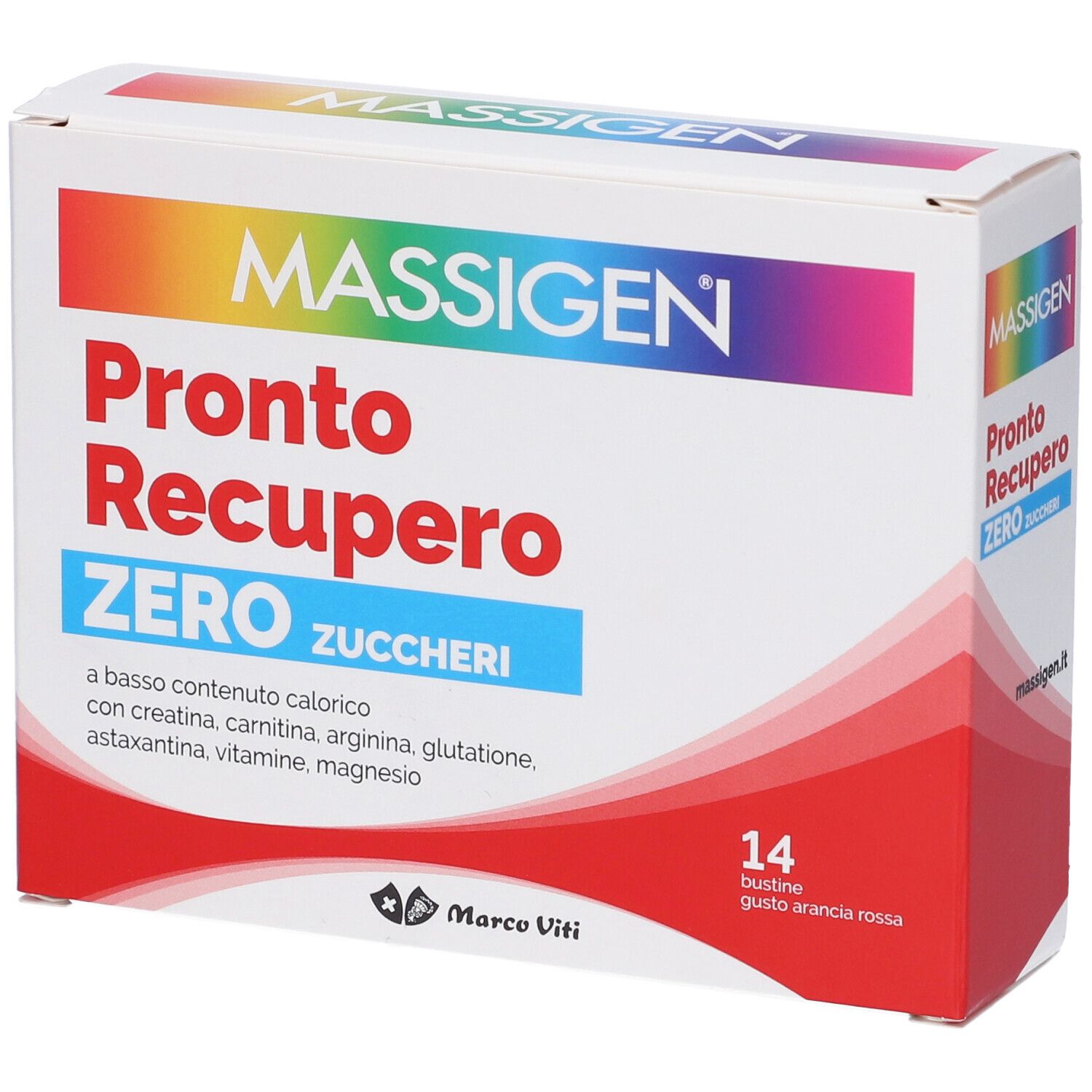 Verpackung von MASSIGEN Pronto Recupero Zero Zuccheri. Enthält 14 Beutel. Mit Text: Pronto Recupero Zero Zuccheri.