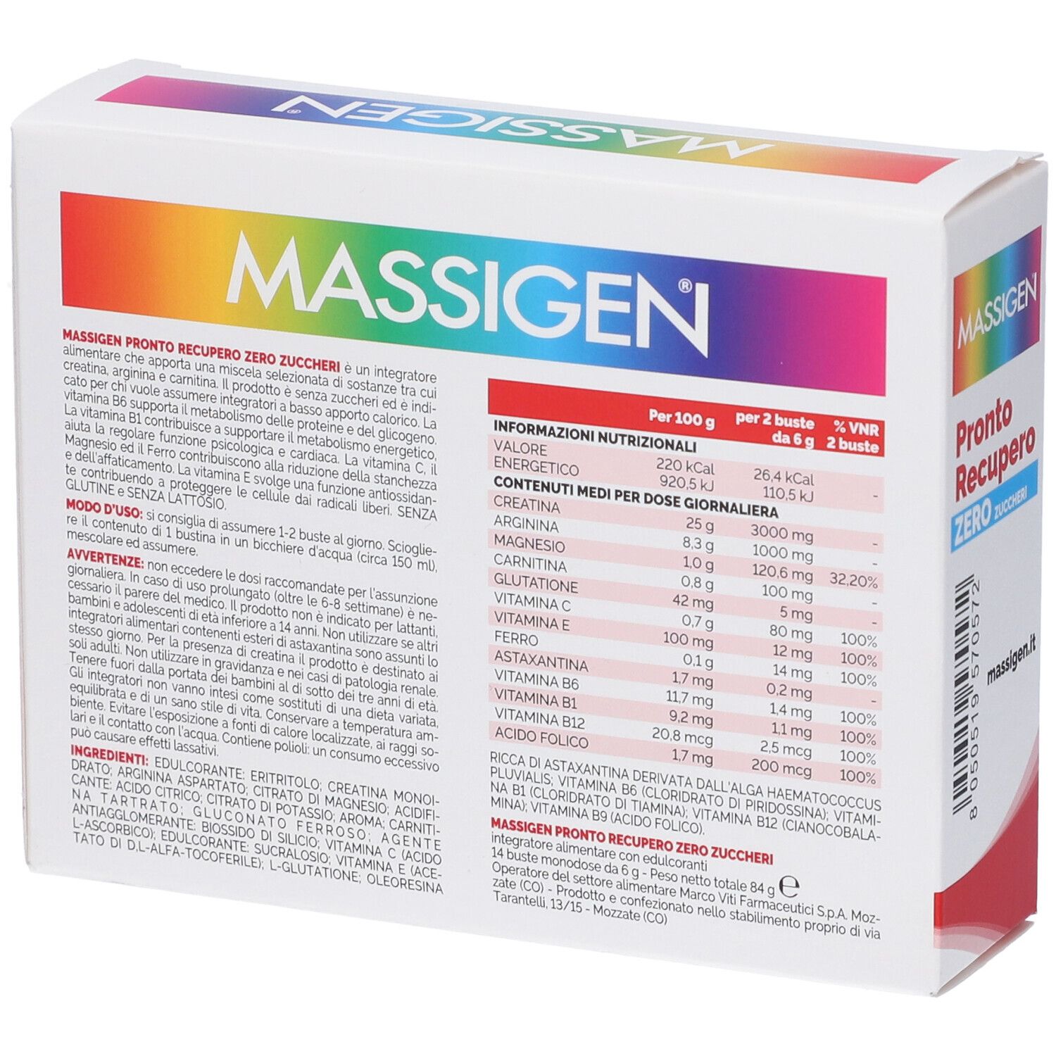 Rückseite der Verpackung von MASSIGEN Pronto Recupero Zero Zuccheri. Enthält Nährwertangaben und Inhaltsstoffe.