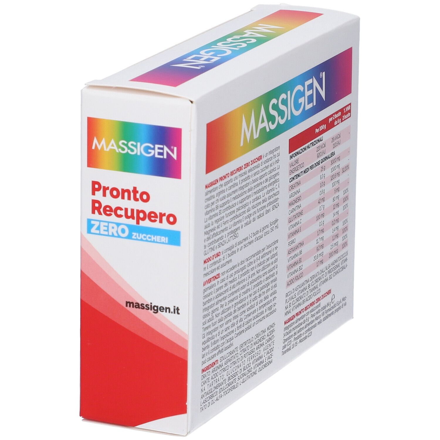 Schräg gestellte Verpackung von MASSIGEN Pronto Recupero Zero Zuccheri. Rückseite mit Text und Informationen.