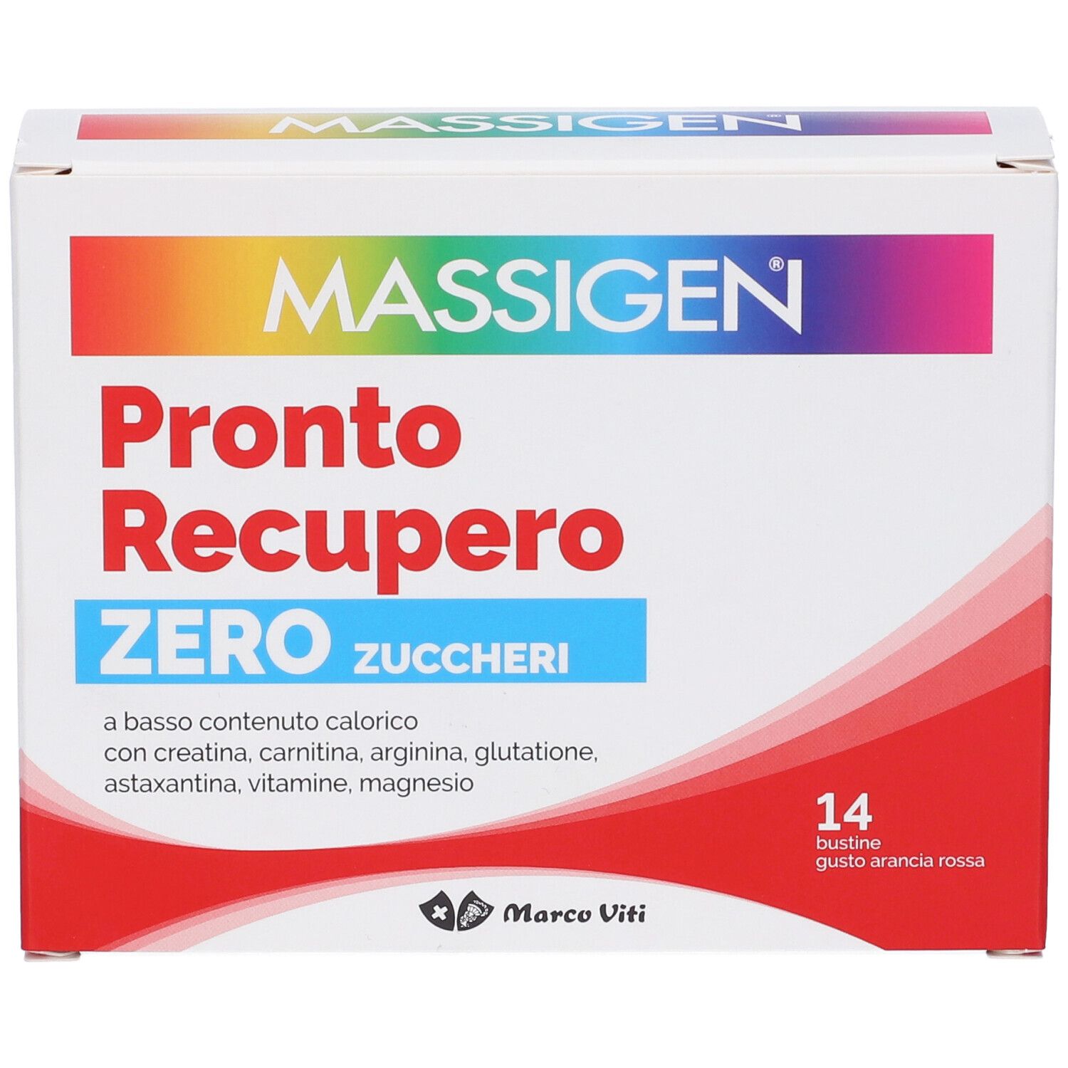 Verpackung von MASSIGEN Pronto Recupero Zero Zuccheri. Enthält 14 Beutel. Text: Pronto Recupero Zero Zuccheri.