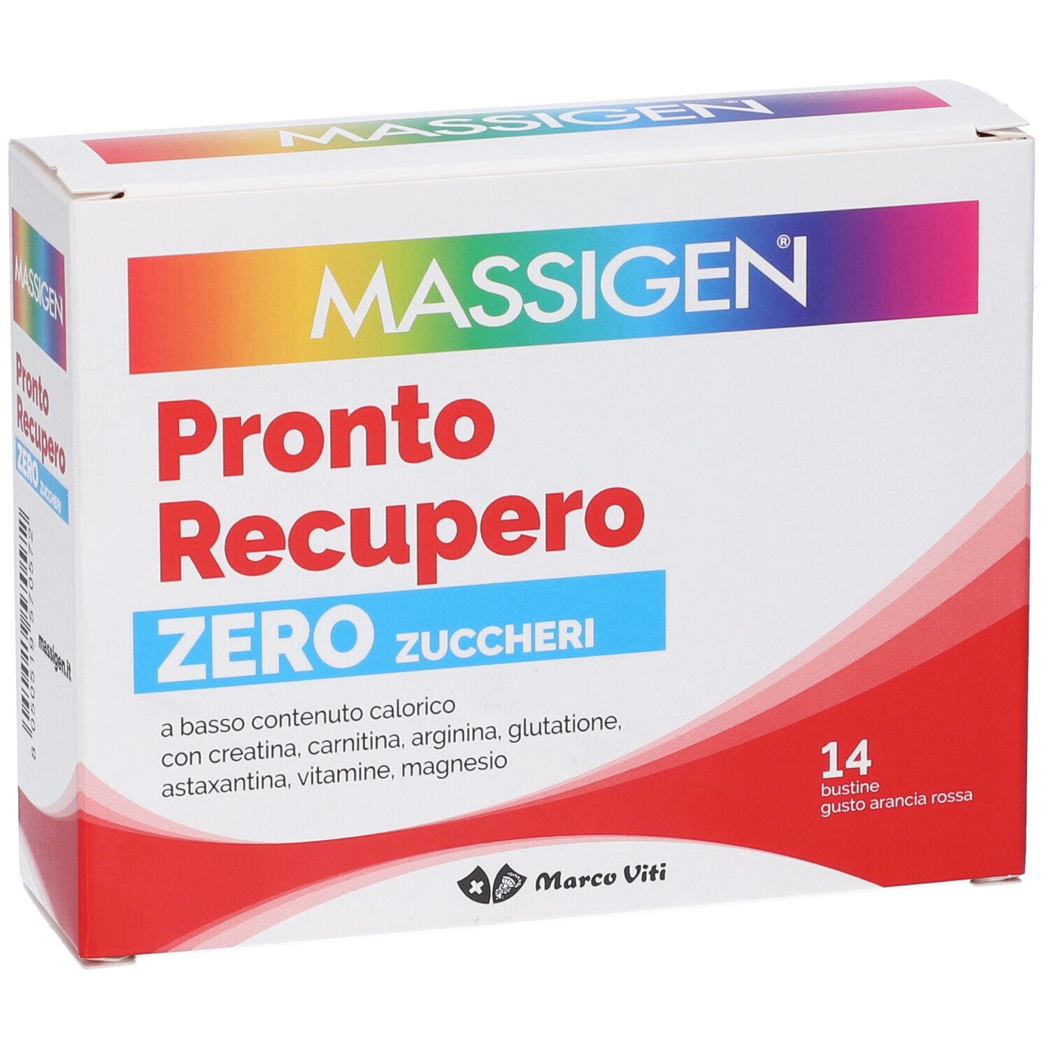 Verpackung von MASSIGEN Pronto Recupero Zero Zuccheri. Enthält 14 Beutel. Text: Pronto Recupero Zero Zuccheri.