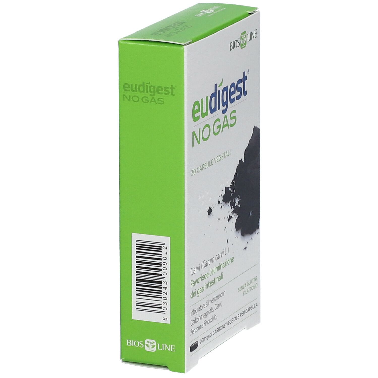 Schachtel mit der Aufschrift Eudigest No-gas. Die Verpackung ist grün und weiß. Auf der Seite ist ein Barcode abgebildet.