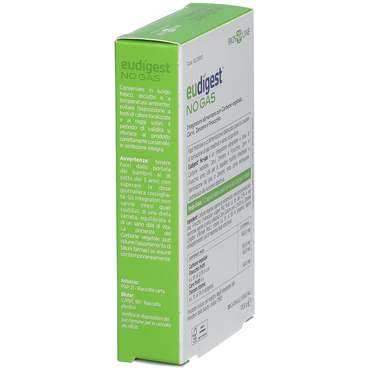Schachtel mit der Aufschrift Eudigest No-gas. Die Verpackung ist grün und weiß. Auf der Rückseite sind Produktinformationen abgebildet.