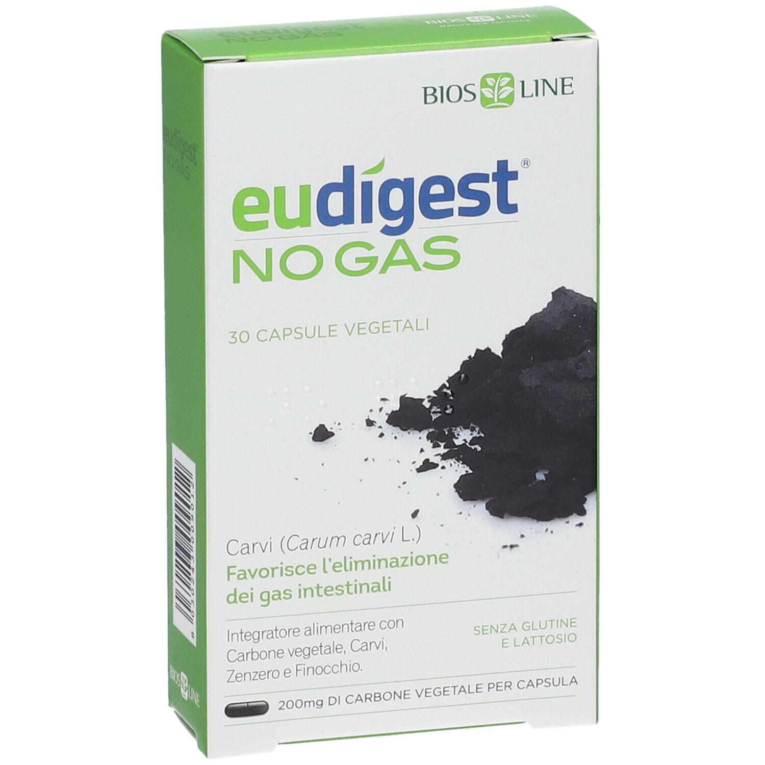 Schachtel mit der Aufschrift Eudigest No-gas. Auf der Schachtel ist ein Haufen schwarzes Pulver abgebildet. Die Verpackung ist grün und weiß.