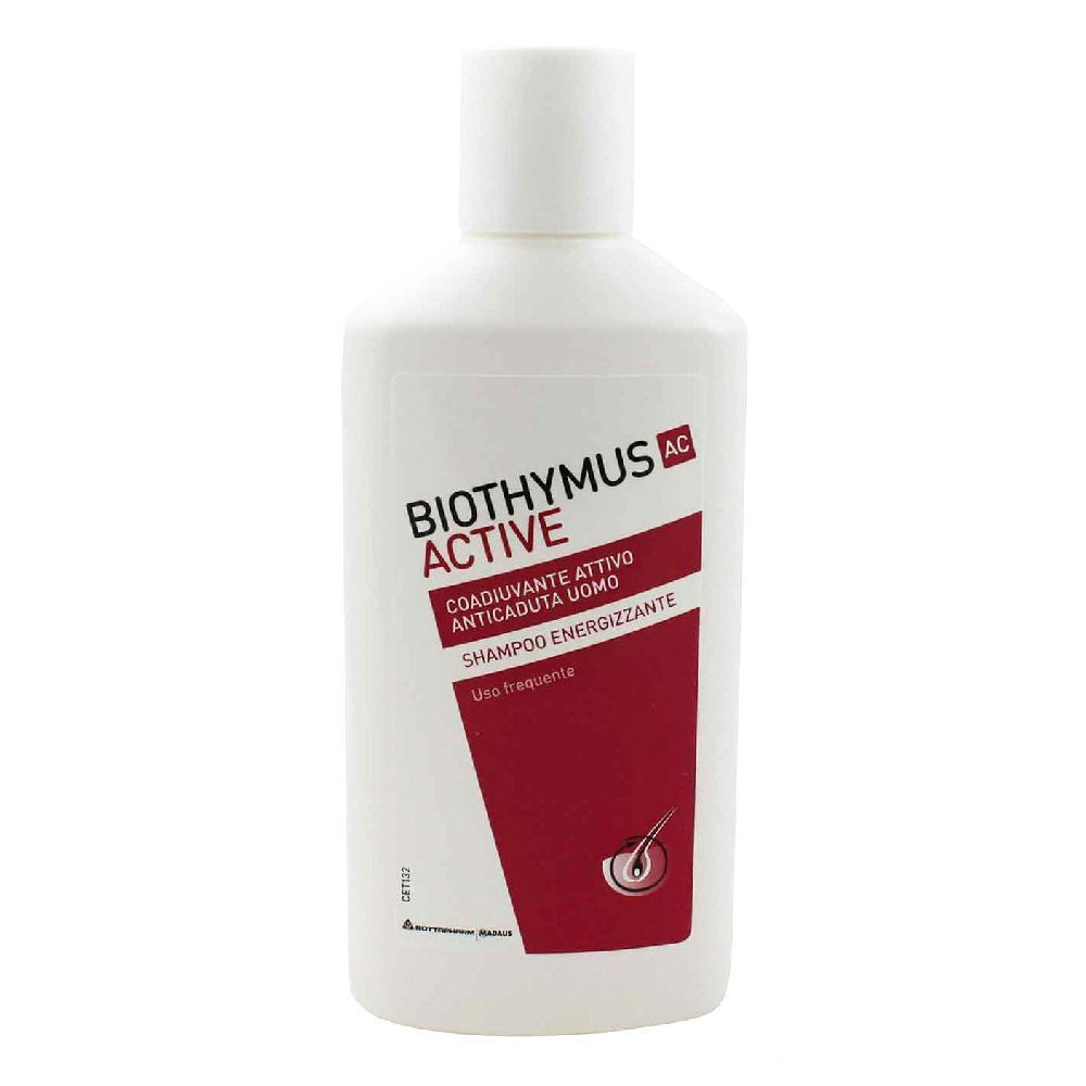 Flacon blanc de shampooing. Inscription : BIOTHYMUS ACTIVE AC, Coadiuvante attivo anticaduta uomo, Shampoo energizzante.