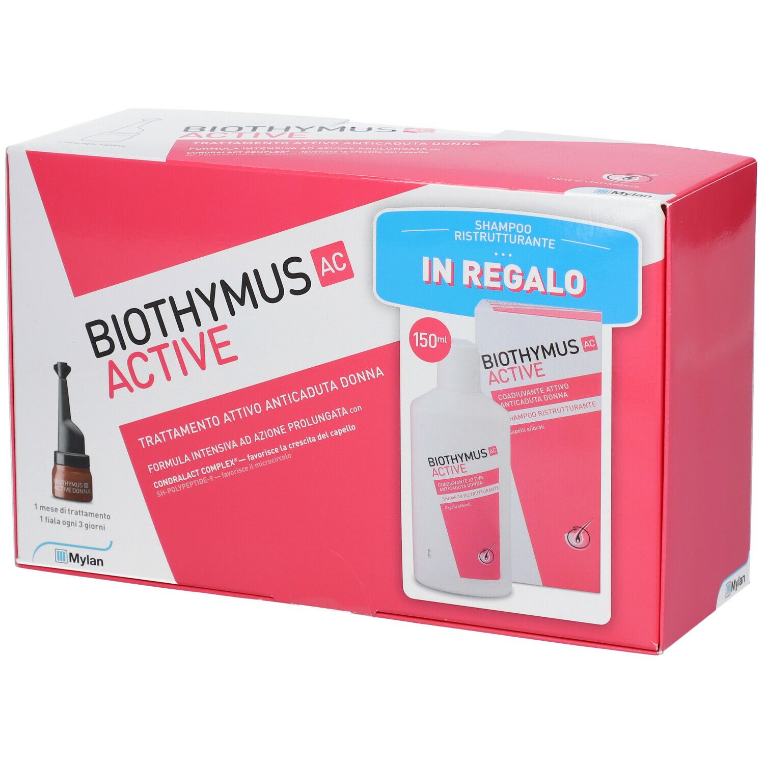Emballage Biothymus AC Active. Shampoo offert. Boîte rose et blanche avec logo du produit et texte en italien.