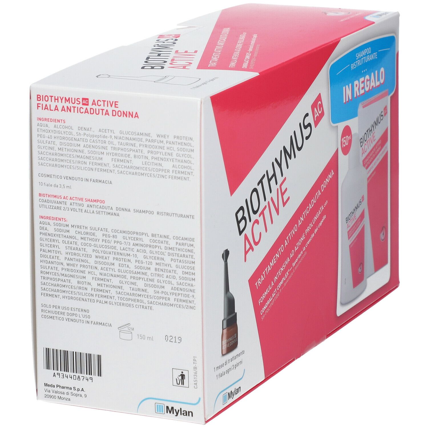 Dos de l'emballage Biothymus AC Active. Ingrédients, mode d'emploi et informations fabricant en italien.