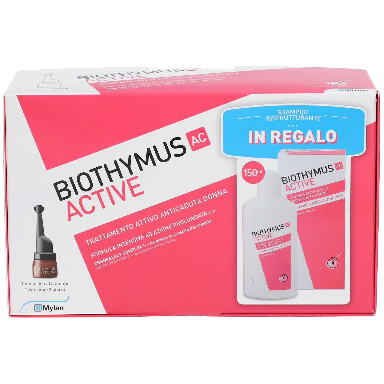 Emballage Biothymus AC Active. Contient ampoules et shampooing. Boîte rose et blanche avec logo du produit.