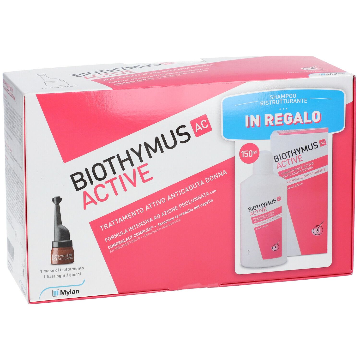 Emballage Biothymus AC Active. Contient ampoules et shampooing. Boîte rose et blanche avec logo du produit.