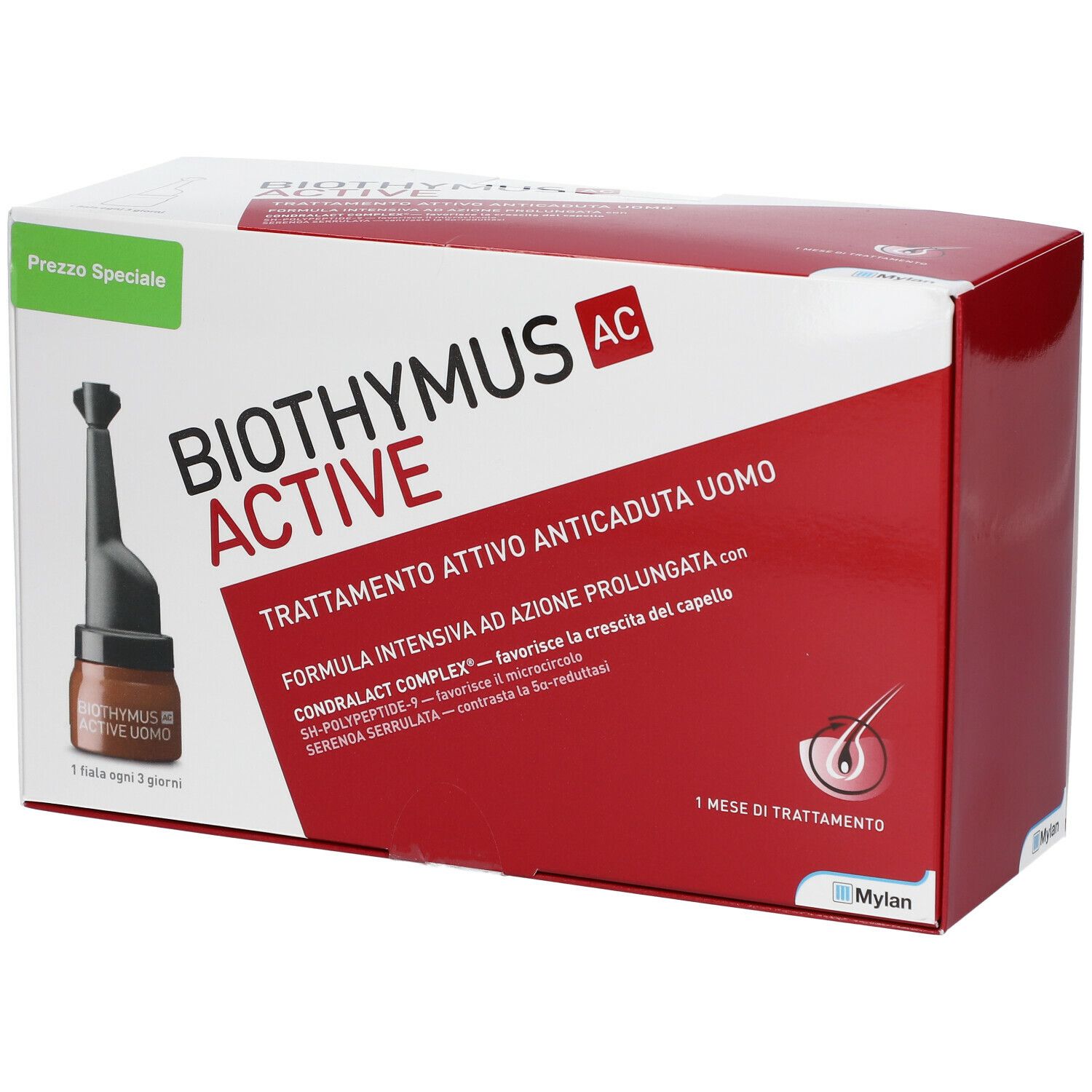 Boîte Biothymus AC Active. Contient des ampoules. Texte: Trattamento attivo anticaduta uomo. Prix spécial.