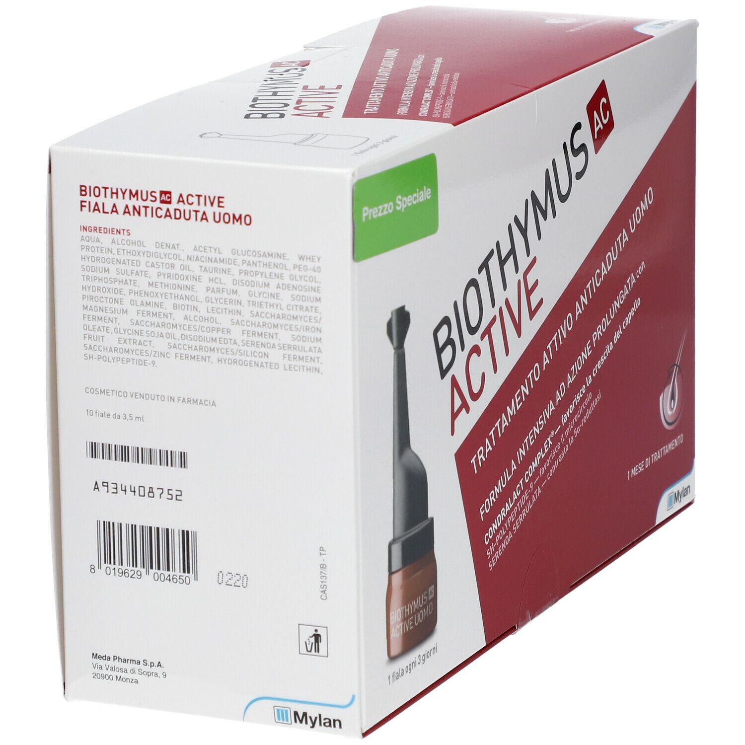 Dos de la boîte Biothymus AC Active. Ingrédients, image du produit, code-barres et numéro de lot.