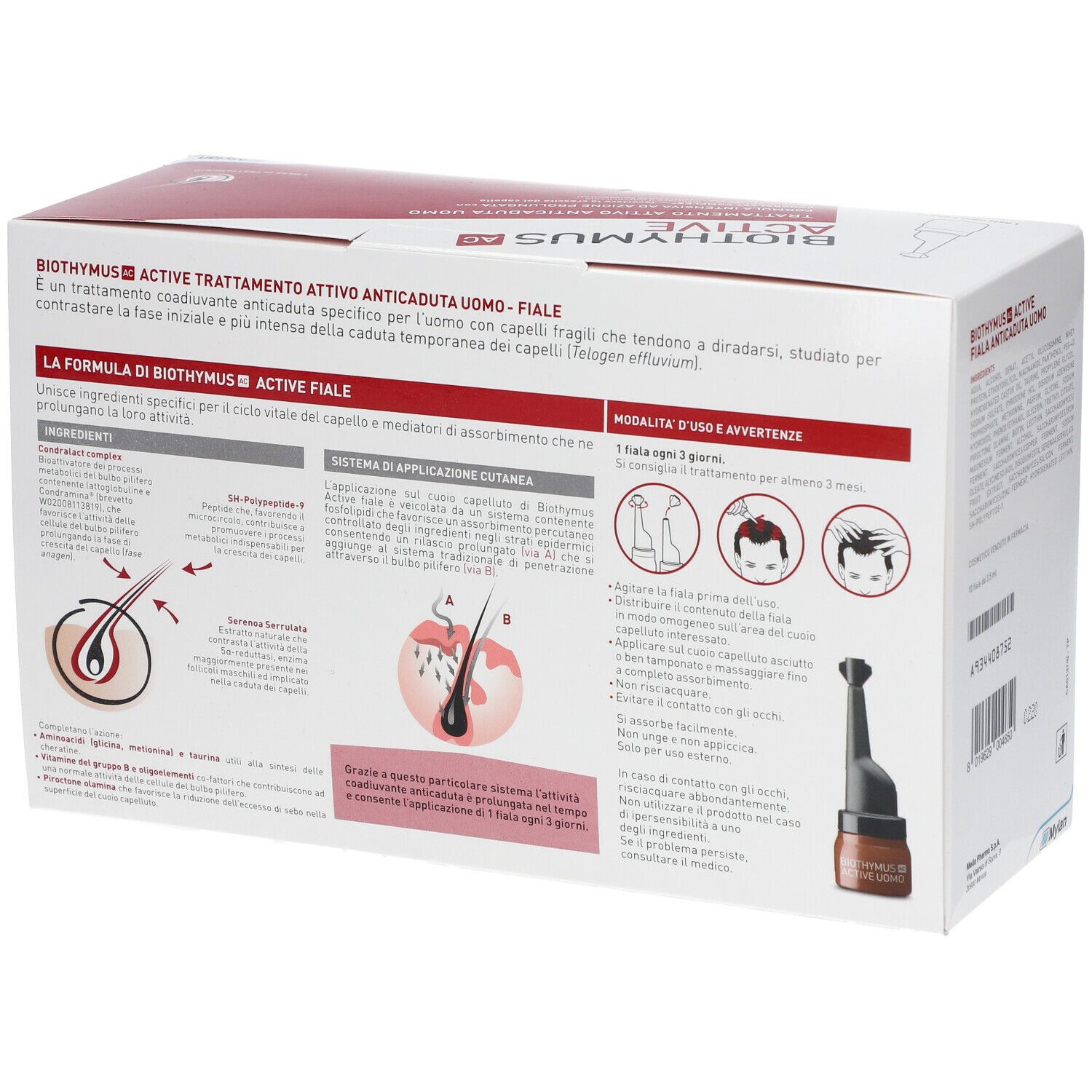 Dos de la boîte Biothymus AC Active. Informations d'utilisation et ingrédients. Illustrations du produit.