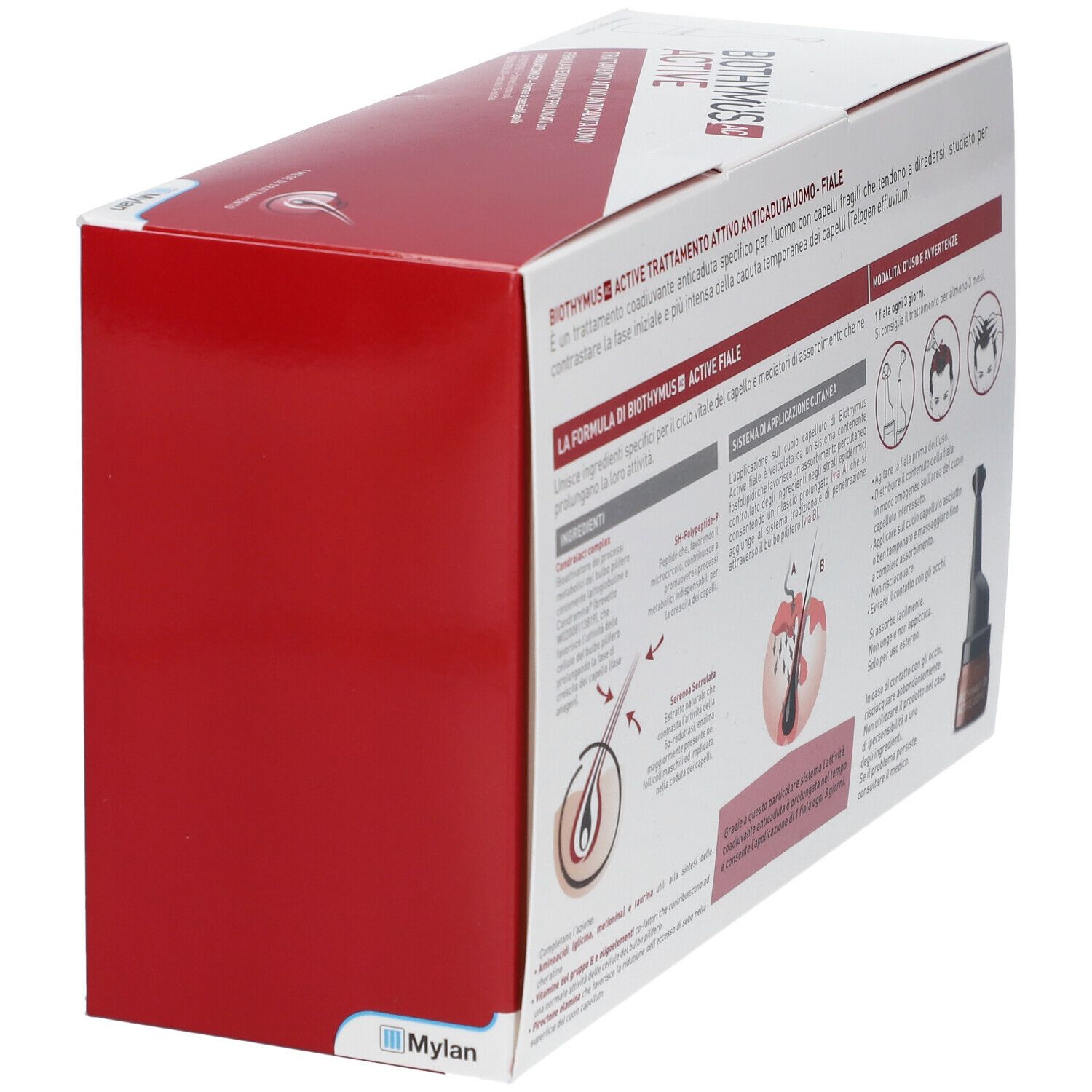 Vue latérale de la boîte Biothymus AC Active. Boîte rouge et blanche avec image et texte.