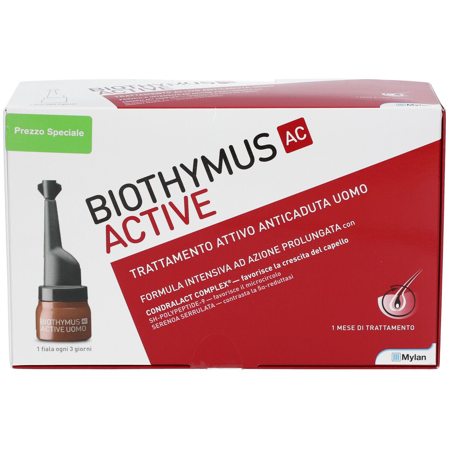 Boîte Biothymus AC Active. Boîte rouge et blanche avec image et texte. Prix spécial.